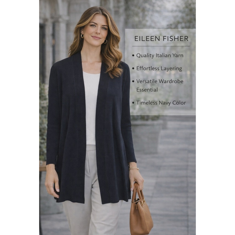 Eileen Fisher Navy Blue Rayon Nylon Open Front Cardigan Sweater Small